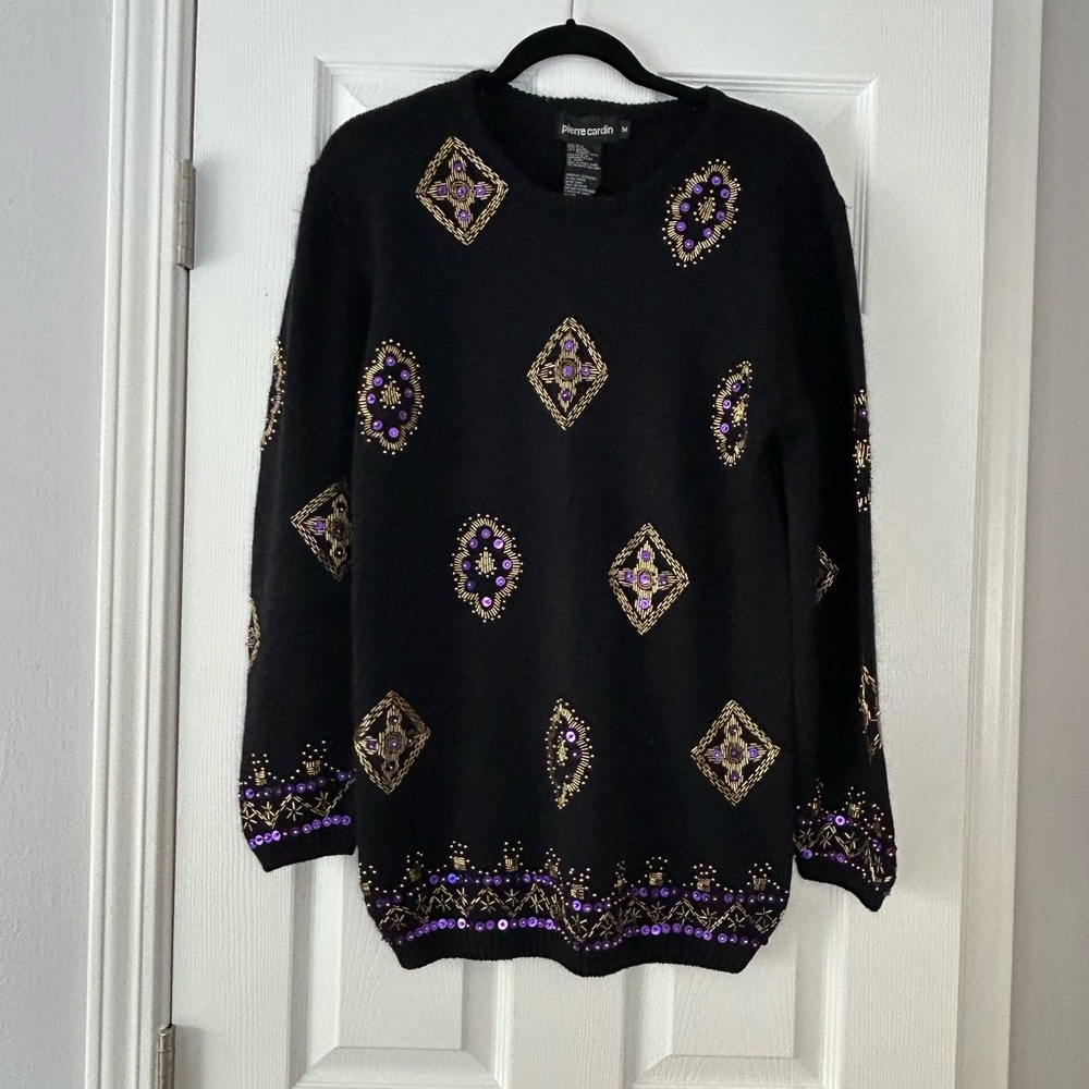 Pierre Cardin Black Crew Neck Sweater sz M Embellished Oversized